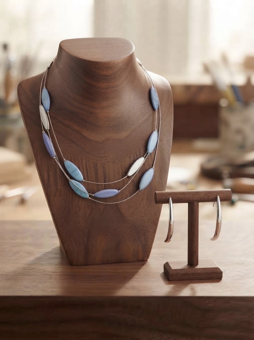 Blue Multi-Strand Bead Necklace and Hoop Earrings